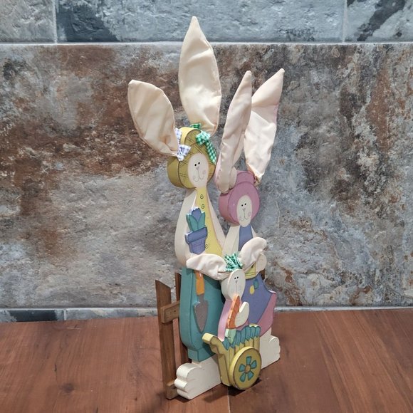 Easter Decor Wooden Three Bunny Rabbts Cloth Ears - Picture 5 of 13